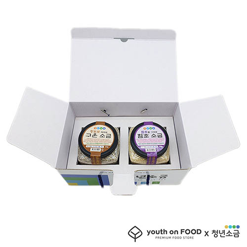 [청년소금] 프리미엄소금 선물세트(2구) (350g+400g) 함초소금, 구운소금