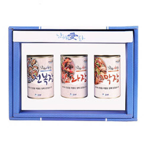 전남완도 저염식 특허간장 남해애찬 알찬선물세트4호(캔)(꼬마전복400g+소라400g+꼬막400g)