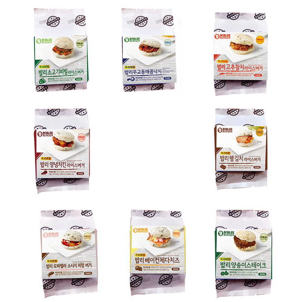 밥리버거 8종 (피망소세지+양념치즈+치즈베이컨+양송이스테이크+고추참치+메콤낙지+소고기비빔+햄김치)