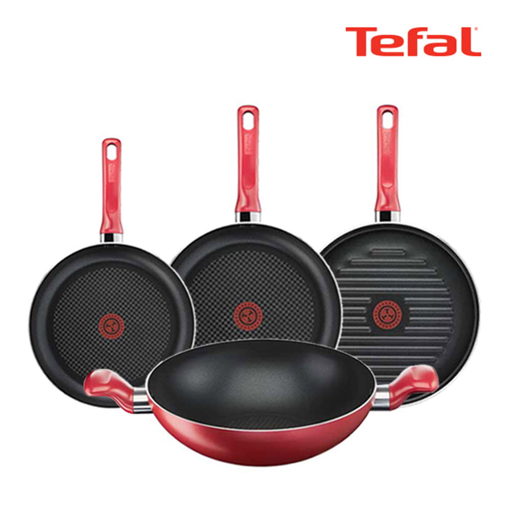 [테팔] 퍼펙트 레드 프라이팬 4종세트(프라이팬 24cm, 28cm + 그릴팬 28cm + 양수볶음팬 28cm) Perfectred_F24F28GF28HF28