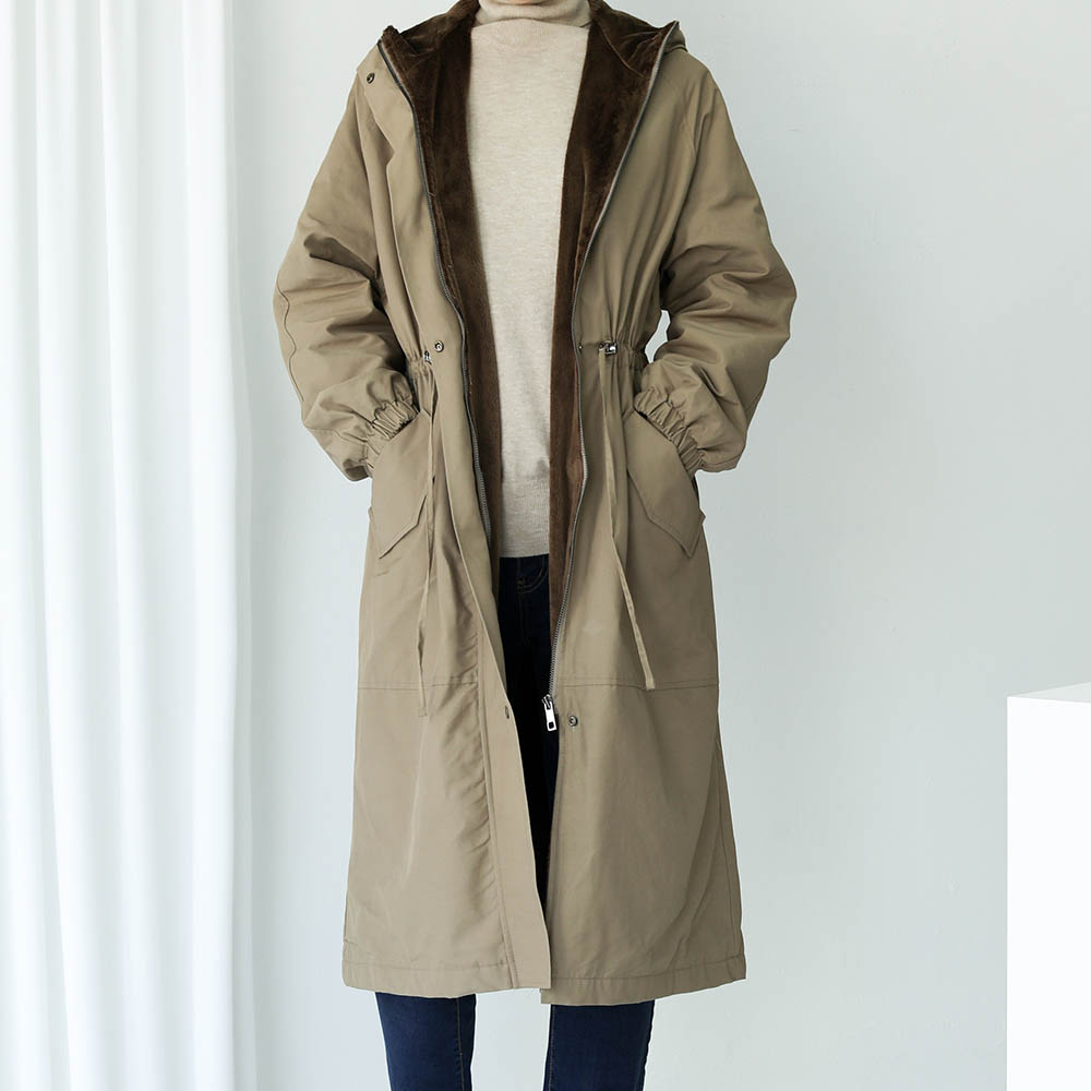 절개라인 털배색 후드 롱패딩 (W1번 패딩)