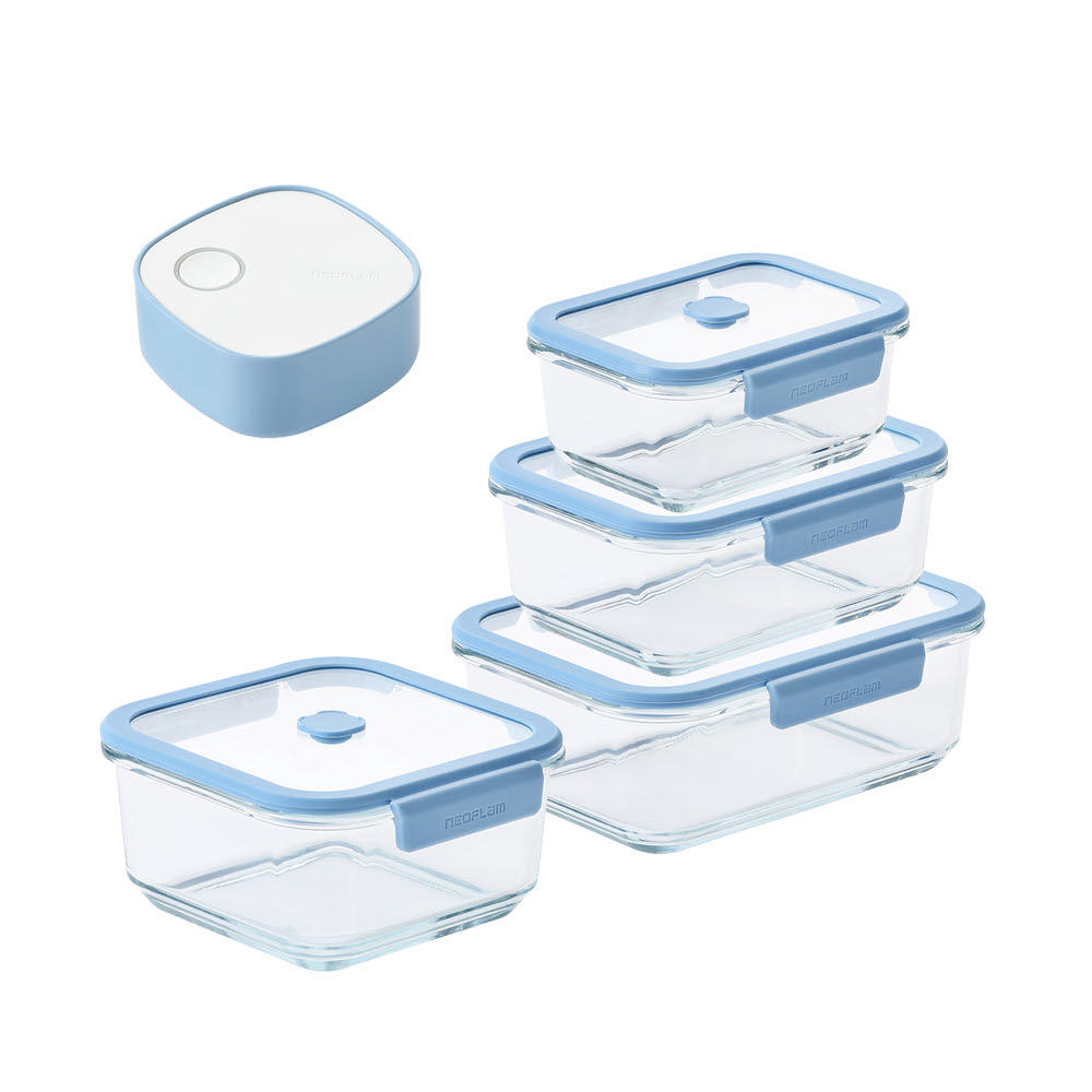 [네오플램] 베큐씰 내열유리 진공 밀폐용기 5종 세트 (570ml*1+950ml*1+1500ml*1+정1000ml*1+진공 펌프)