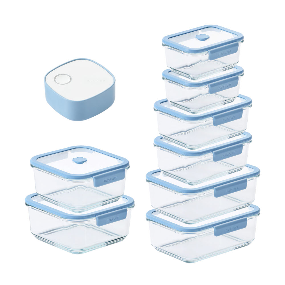 [네오플램] 베큐씰 내열유리 진공 밀폐용기 9종 세트 (570ml*2+950ml*2+직1500ml*2+1000ml*1+정1500ml*1+진공 펌프)