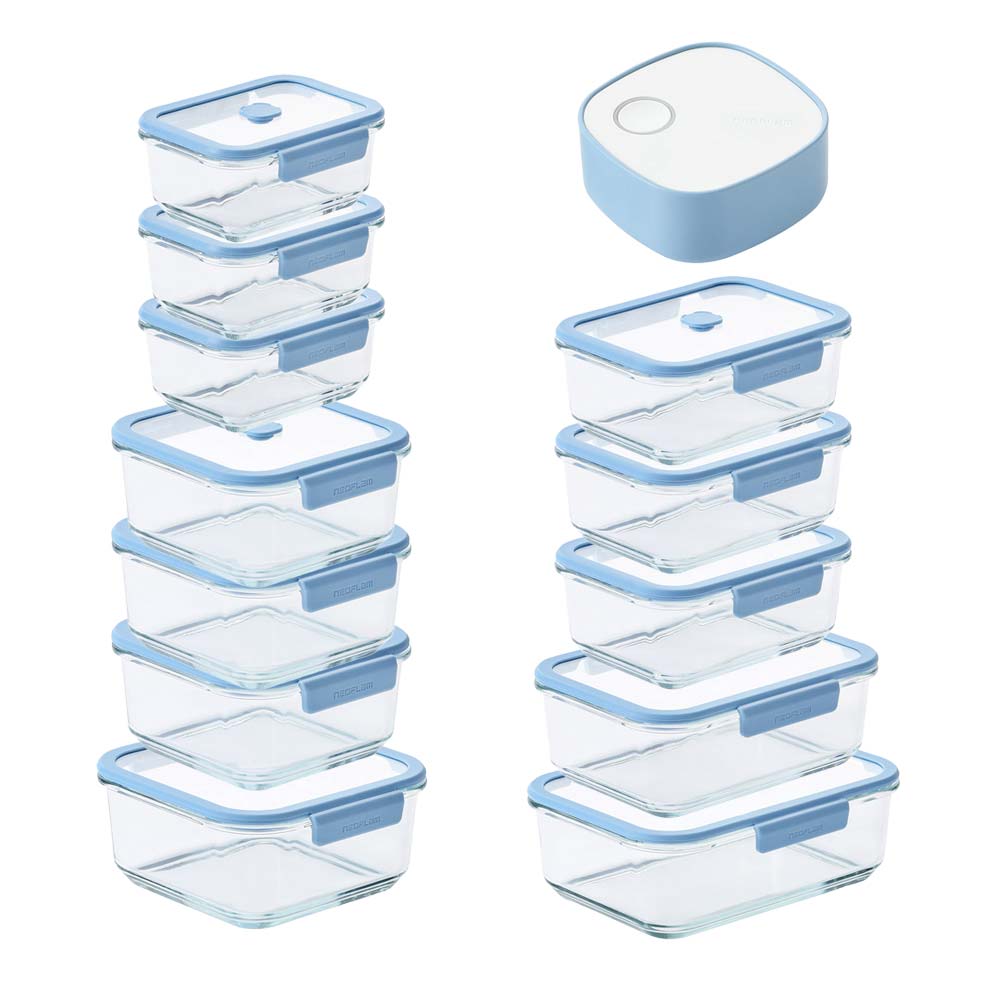 [네오플램] 베큐씰 내열유리 진공 밀폐용기 13종 세트 (570ml*3+950ml*3+직1500ml*1+2300ml*1+1000ml*3+정1500ml*1+진공 펌프)