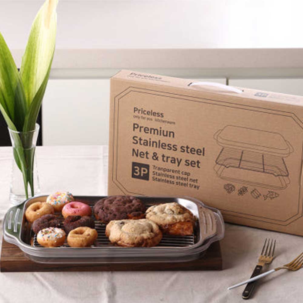 프라이스리스 손잡이 스텐 사각 바트 & 트레이 3P 세트