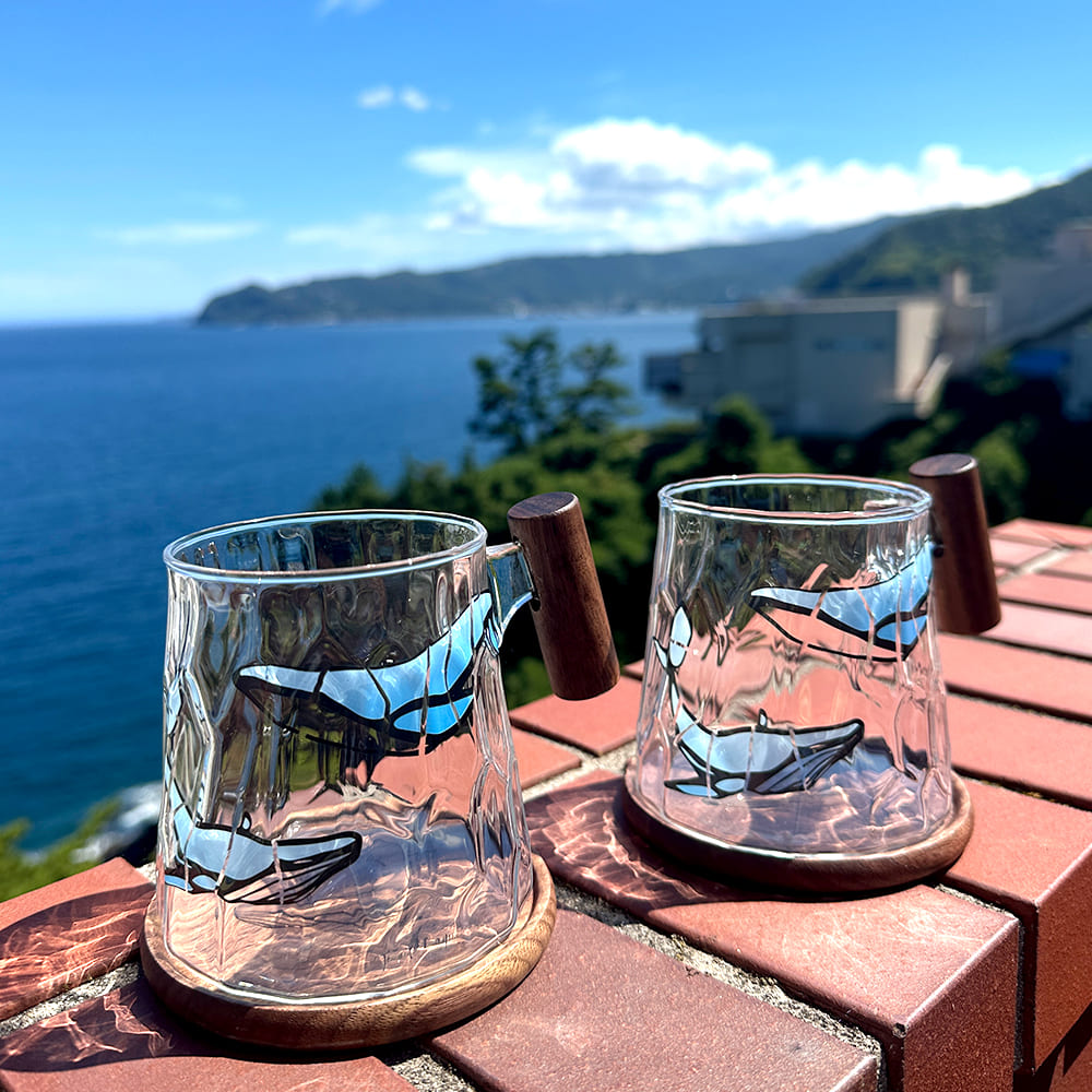 (티로직) 계수나무 350ml 오션 웨일 내열유리 머그, 코스터 2인 세트(컵 350mlX2개 + 코스터 2P)