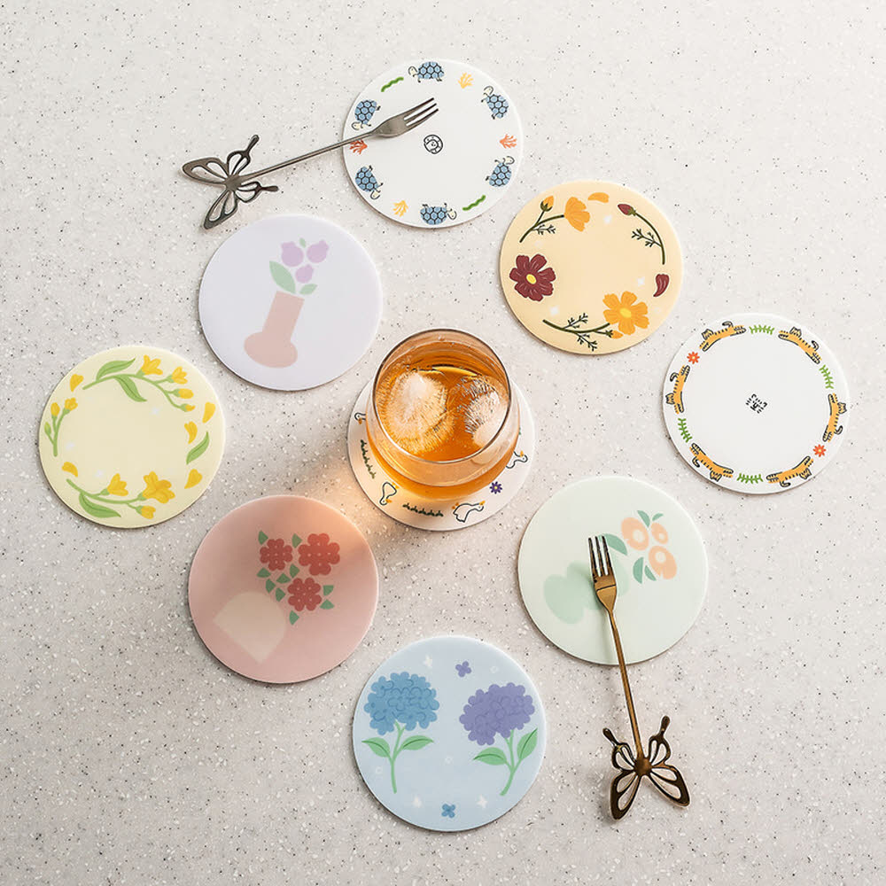 국산 플라이토 실리콘 컬러풀 디자인 컵받침 10cm