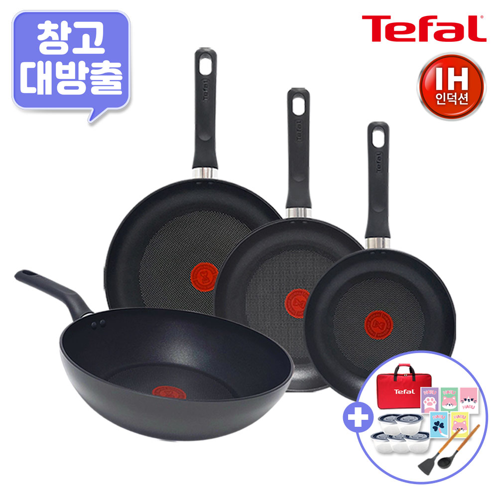 [11월한정특가] [창고대방출] [테팔] 인덕션 델리커시 티타늄 프라이팬 4종 세트+[사은품] GF 보관용기 네이비*5개+셀룰로오스 스펀지 하루 5P 세트+우드 실리콘 국자+뒤지개+테팔 멀티백