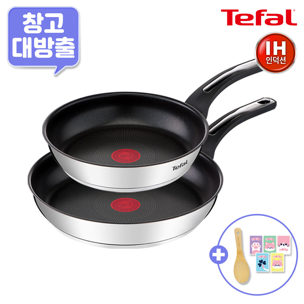 [11월한정특가] [창고대방출] [테팔] 프리미엄 인덕션 써모퓨전 스텐 프라이팬 2종 세트(24+30)+[사은품] GF 나무주걱+셀룰로오스 스펀지 하루 5P 세트