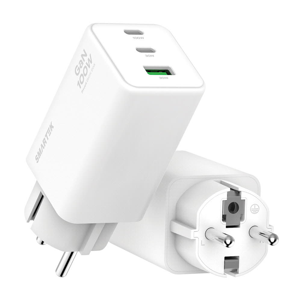 스마텍 100W 3포트 초고속 GaN 접지 충전기 화이트 STQC-Anti100W