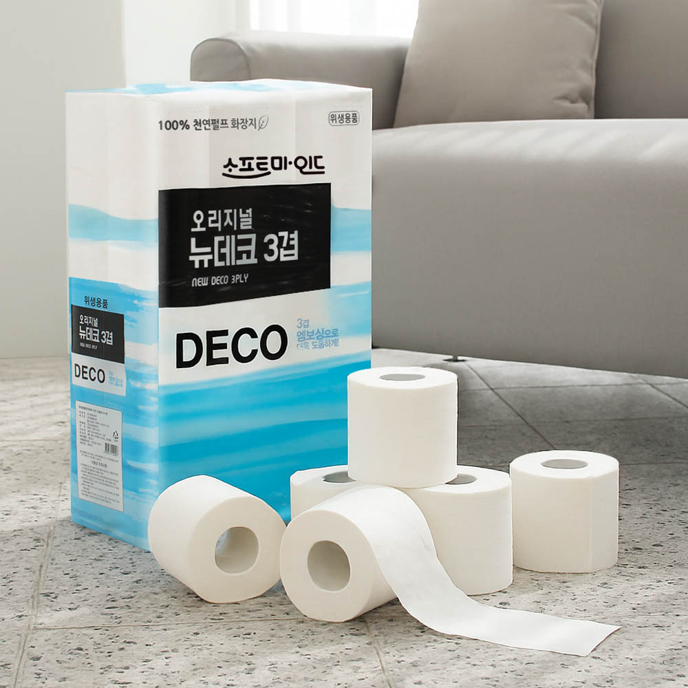 [비데겸용 천연펄프 100%] 오리지널 뉴데코 3겹 엠보싱 롤 화장지 (16m x 30롤)