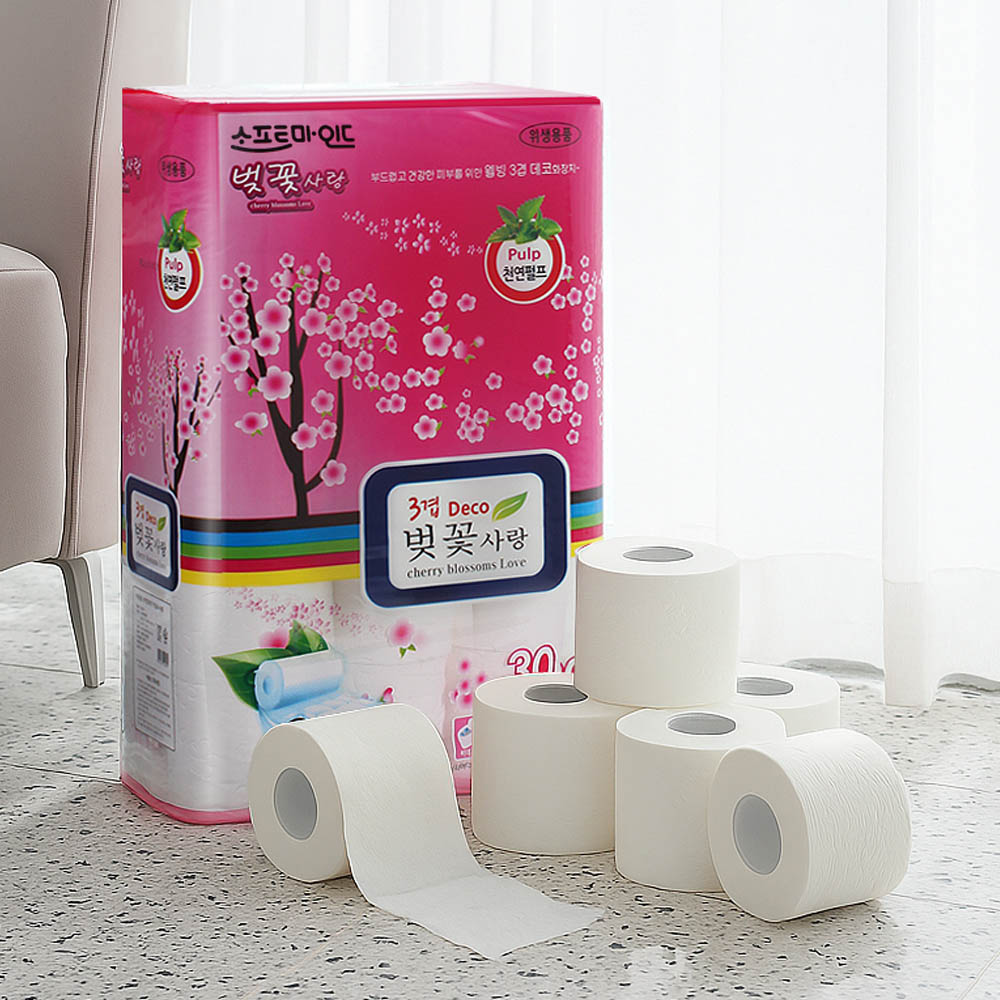 [비데겸용 천연펄프 100%] 벚꽃사랑 3겹 엠보싱 롤 화장지 (18m x 30롤)