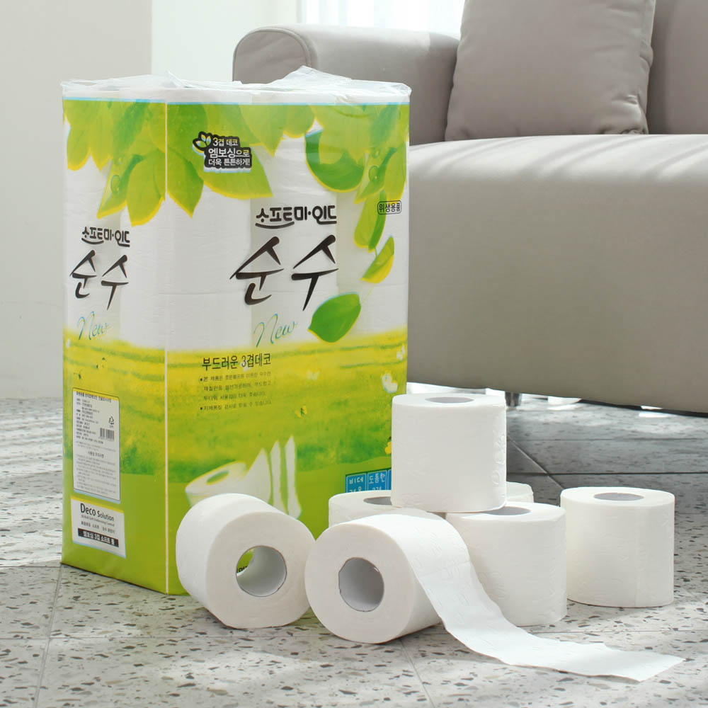 [비데겸용 천연펄프 100%] 우리동네 순수 3겹 엠보싱 롤 화장지 (25m x 30롤)