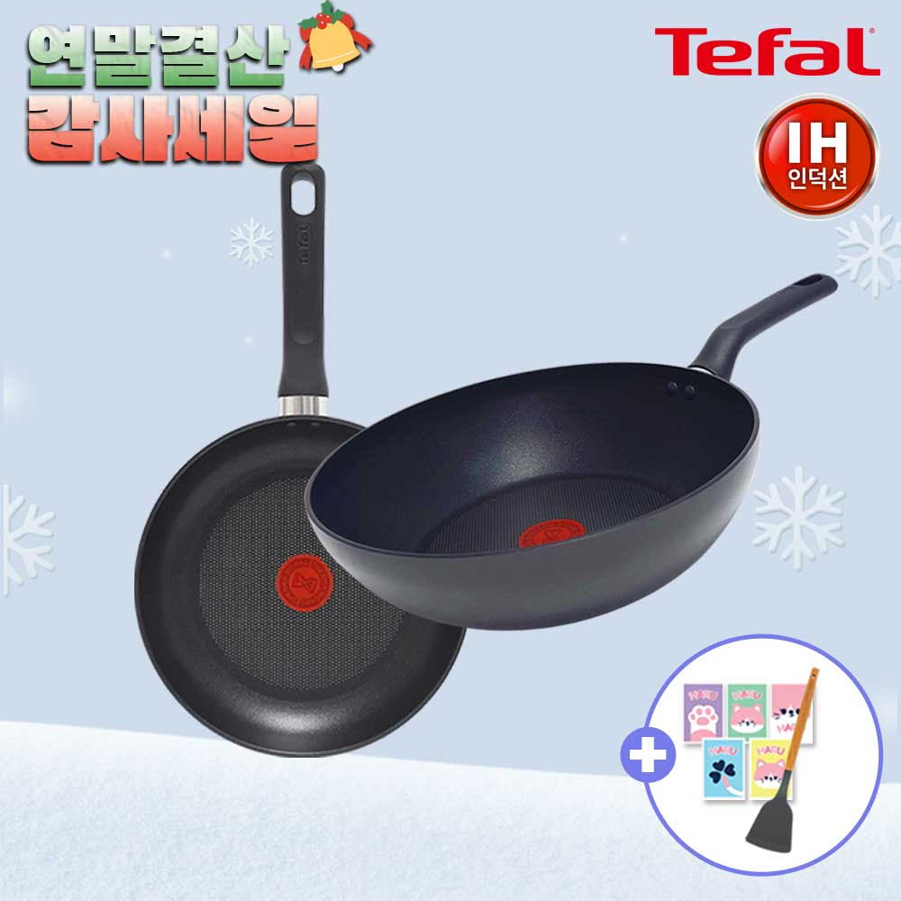 [12월한정특가] [테팔] 인덕션 델리커시 티타늄 프라이팬 2종(24+웍28)+[사은품] 셀룰로오스 스펀지 하루 5P 세트+우드 실리콘 뒤집개