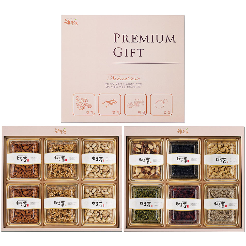 [해울림] 품격을 더한 프리미엄 선물세트 7호/아몬드 300g x 2ea / 호 두 200g x 2ea / 피스타치오 230g x 2ea / 해바라기씨 300g / 호박씨 300g / 브라질너트 300g / 구운캐슈넛 300g / 블루베리 300g(당절임) / 크랜베리 280g(당절임)