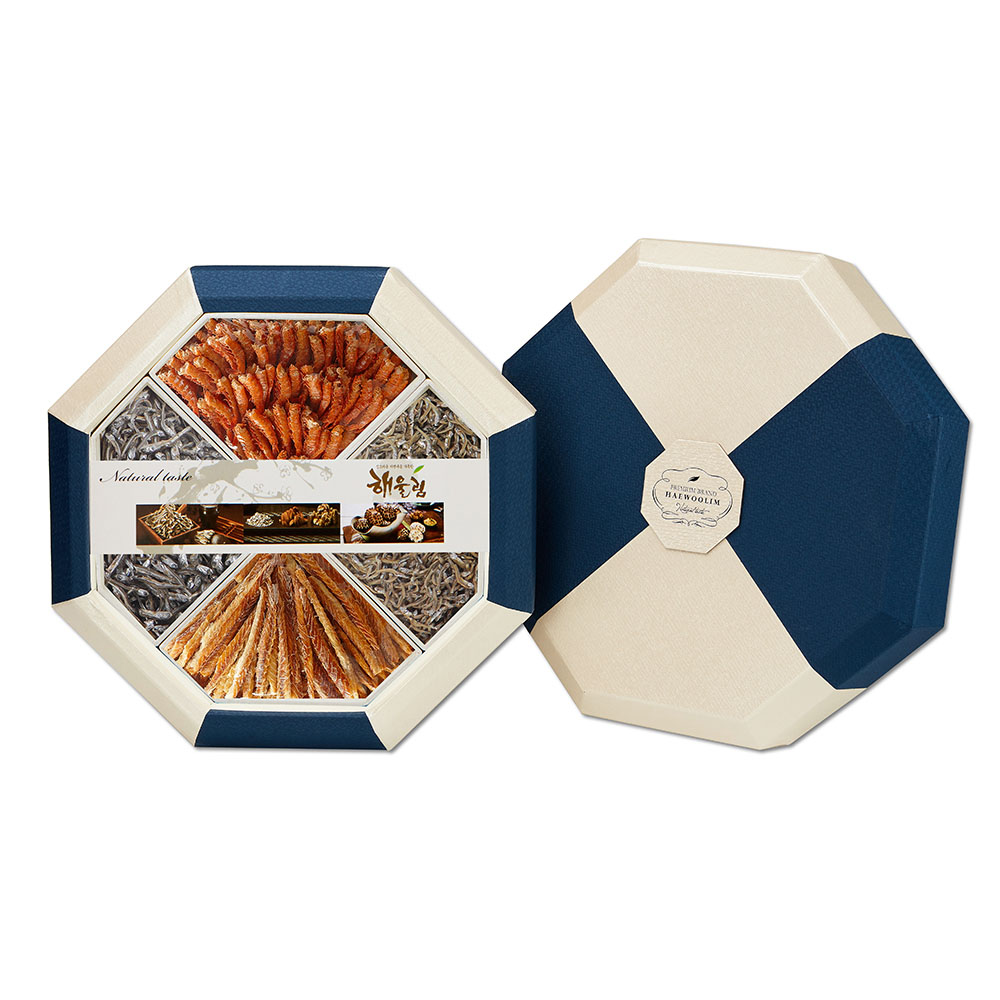 [해울림] 멸치세트 팔각한지함 2호/소멸(볶음용멸치) 180g / 중멸(조림용멸치) 170g / 꽃새우 120g / 황태채 120g