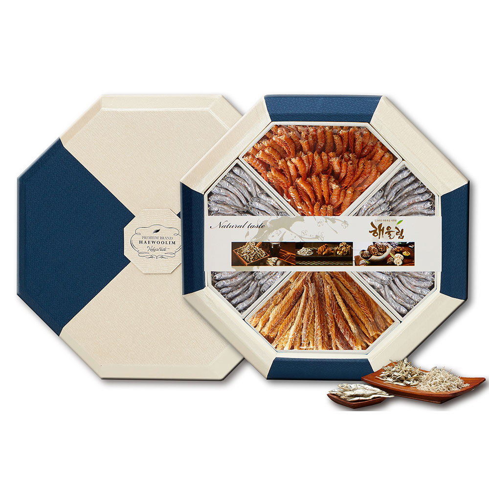 [해울림] 귀족 은멸치 팔각한지함 3호/귀족 은멸치 220g x 2ea / 꽃새우 120g / 황태채 120g