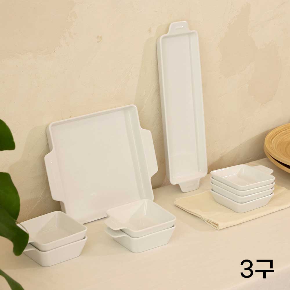 [케어프린] 세라믹 나눔 접시 볼 플레이팅 직사각 3구 나눔접시세트(5P)