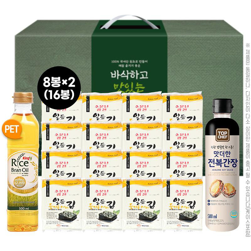 소문난광천 일등 들기름 재래김16봉 킹프리미엄 현미유500ml 탑셰프 전복간장(3종)