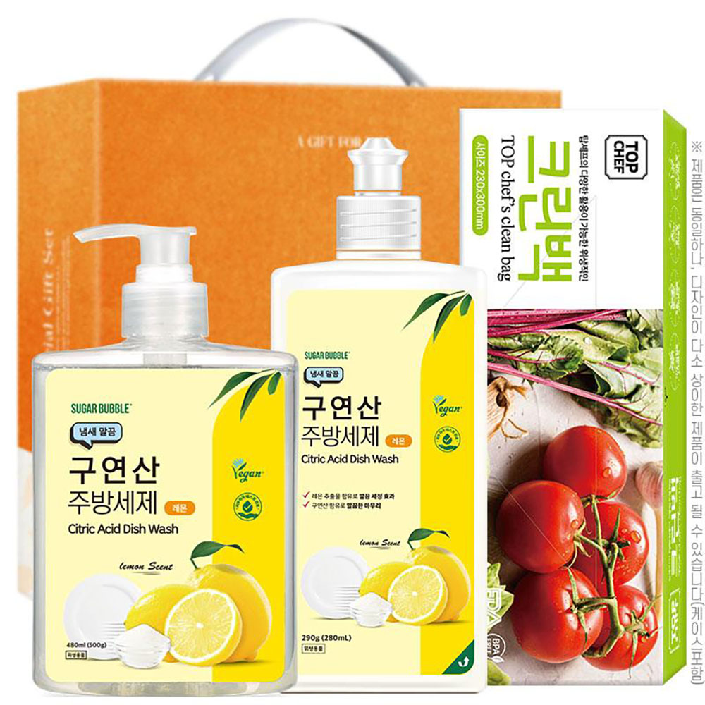 [슈가버블] 구연산주방세제500펌프 구연산주방세제290용기 크린백(3종)