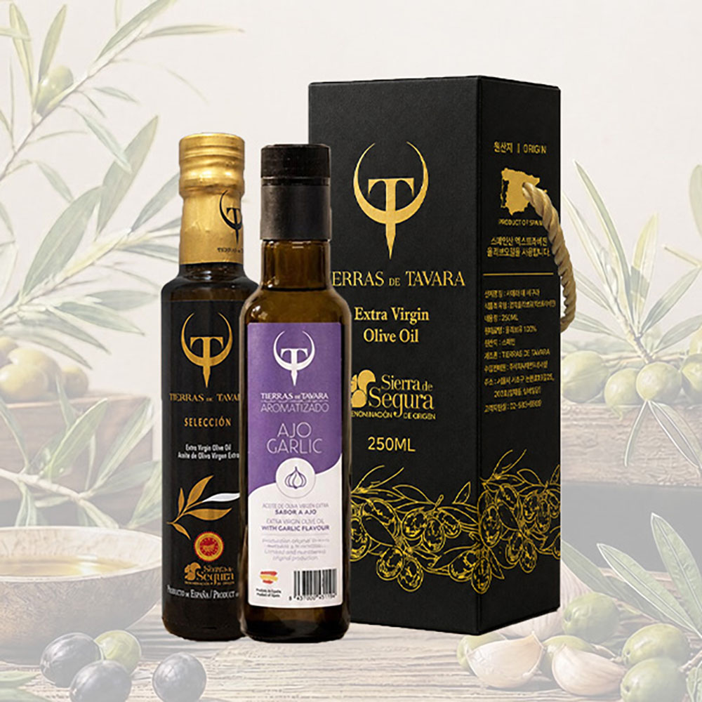 [TIERRAS DE TAVARA] 셀렉션+갈릭향 초저산도엑스트라버진 유기농올리브오일 2종세트(250ml*2병) / 케이스포함