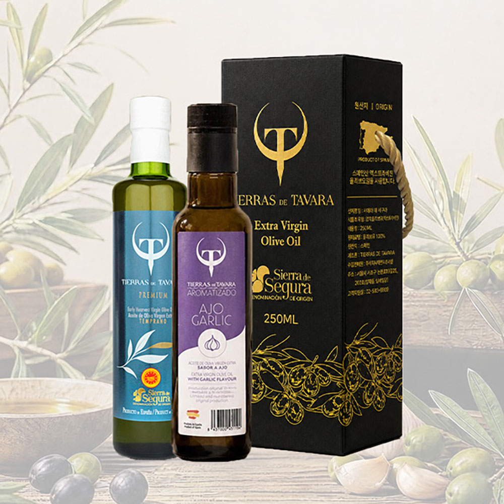 [TIERRAS DE TAVARA] 프리미엄+갈릭향 초저산도엑스트라버진 유기농올리브오일 2종세트(250ml*2병) / 케이스포함