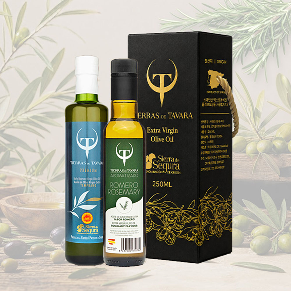 [TIERRAS DE TAVARA] 프리미엄+로즈마리향 초저산도엑스트라버진 유기농올리브오일 2종세트(250ml*2병) / 케이스포함
