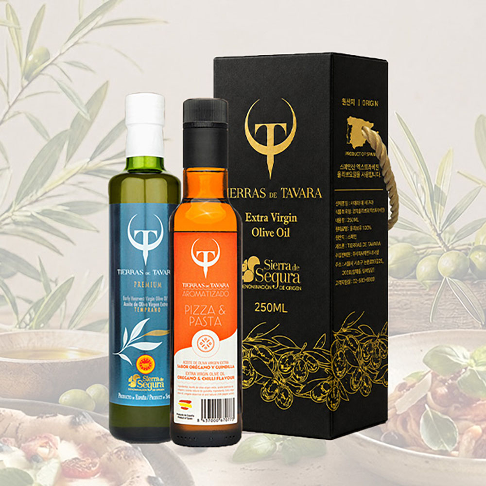[TIERRAS DE TAVARA] 프리미엄+피자앤파스타향 초저산도엑스트라버진 유기농올리브오일 2종세트(250ml*2병) / 케이스포함