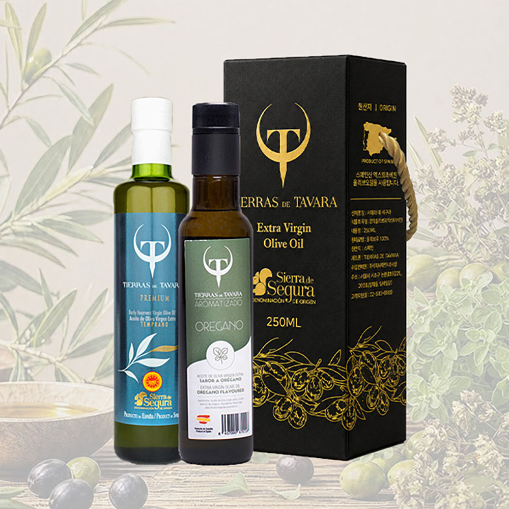 [TIERRAS DE TAVARA] 프리미엄+오레가노향 초저산도엑스트라버진 유기농올리브오일 2종세트(250ml*2병) / 케이스포함