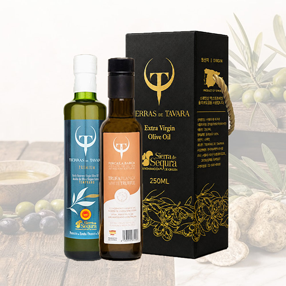[TIERRAS DE TAVARA] 프리미엄+화이트트러플향 초저산도엑스트라버진 유기농올리브오일 2종세트(250ml*2병) / 케이스포함