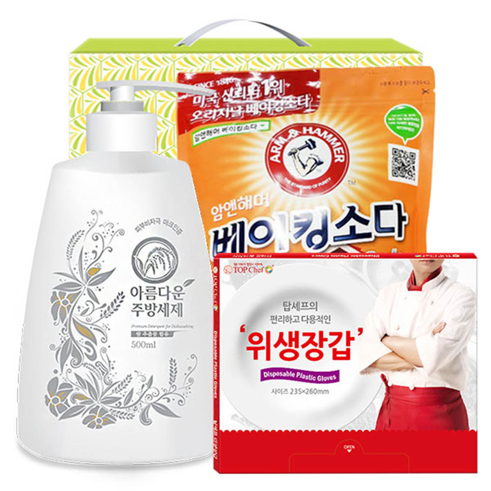 (친환경)아름다운주방세제500펌프 베이킹소다500리필 정사각위생장갑(3종)