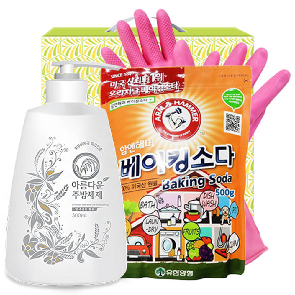 (친환경)아름다운주방세제500펌프 베이킹소다500리필 비닐고무장갑32cm(3종)