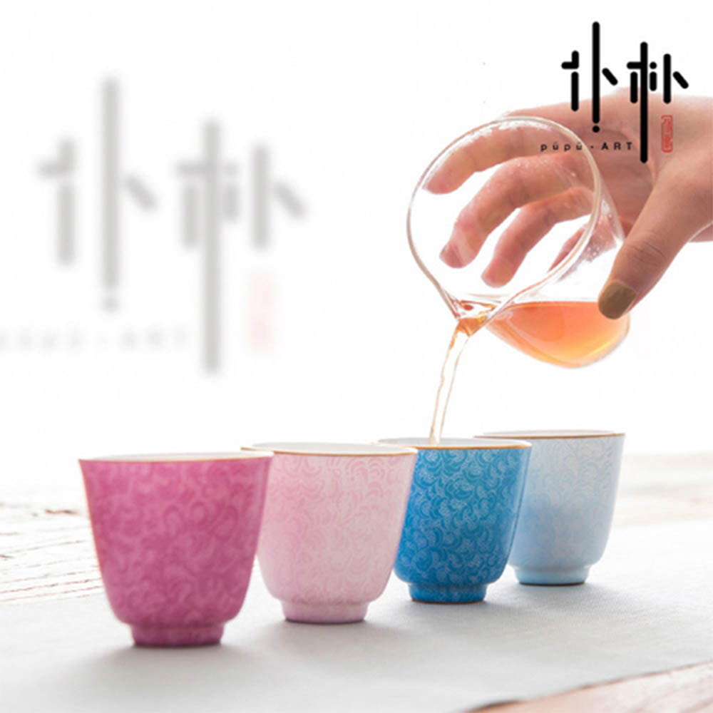 푸푸 경덕진 명품 4색 꽃무늬 가족찻잔세트, 배화윤 도자기