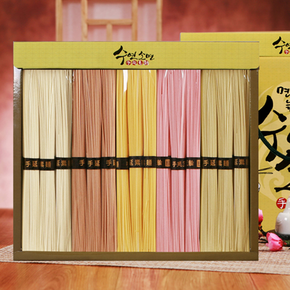 [오색수연소면] 오색수연소면1.5kg (백련초250g, 치자250g, 메밀250g, 녹차250g, 수연소면500g 총 1.5kg)