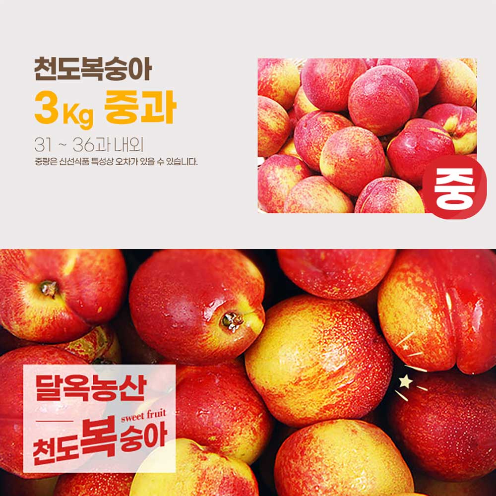 달옥농산 신선복숭아[6월 2일 출고예정 예약판매] 3kg [천도3중과] (31-36) /개당 90g내외