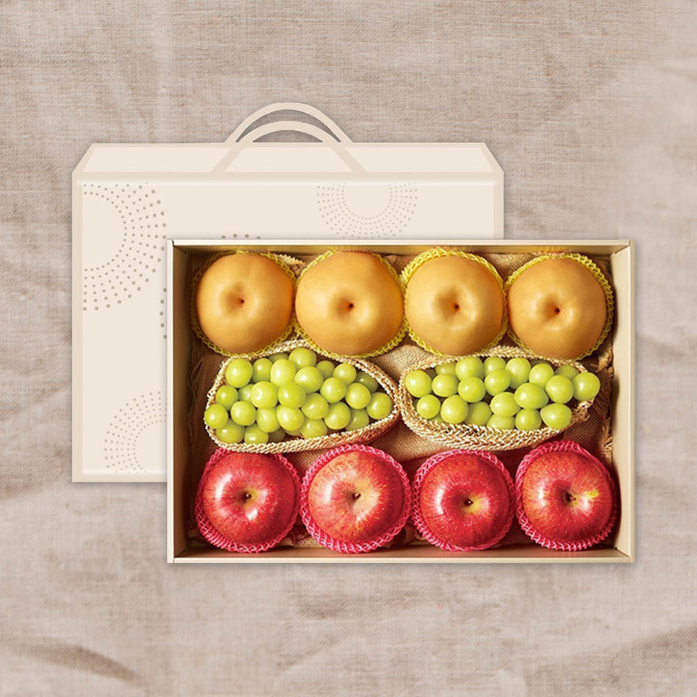 [기품맛담] 사과/배/샤인 혼합 선물세트 5.4kg 12과 (사과4과/배4과/샤인2머스켓2송이)